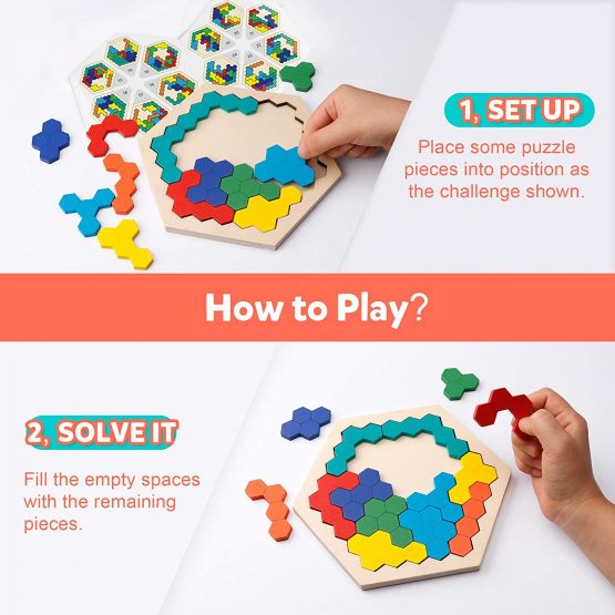 Coogam Wooden Hexagon Puzzle - Shape Block Tangram Brain Teaser Toy Geometry Logic IQ Game STEM Montessori Educational Gift for All Ages Challenge - Image 3