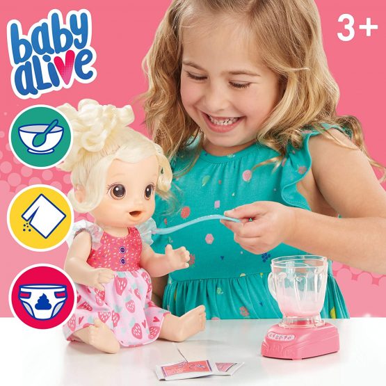 Baby Alive Magical Mixer Baby Doll Strawberry Shake with Blender Accessories, Drinks, Wets, Eats, Blonde Hair Toy for Children Aged 3 and Up - Image 4