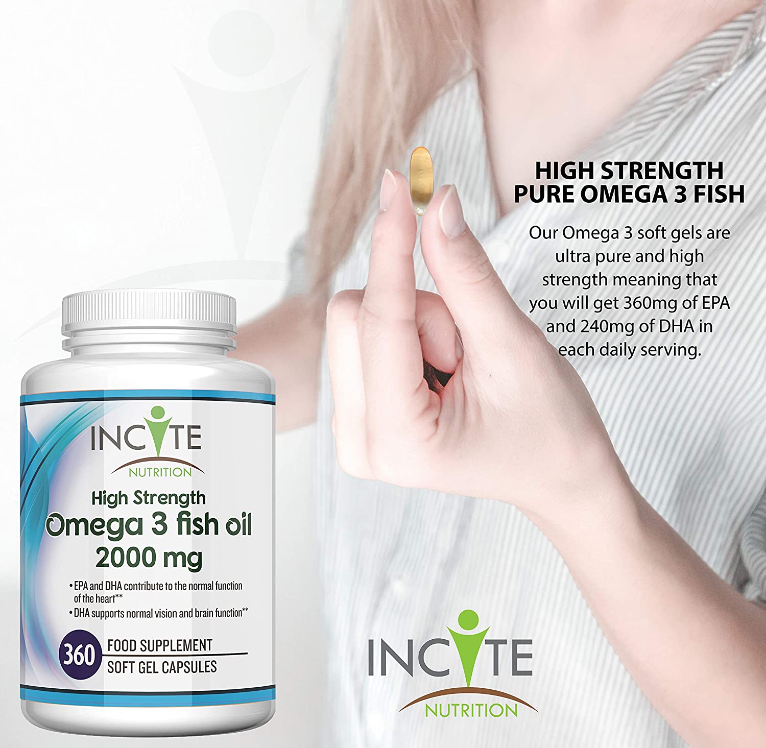 Incite Nutrition Omega 3 Fish Oil Capsules 2000 mg. 360 Softgels. 6 Month Supply of High Strength Omega 3 Fatty Acids with EPA & DHA. Non-GMO - Image 2