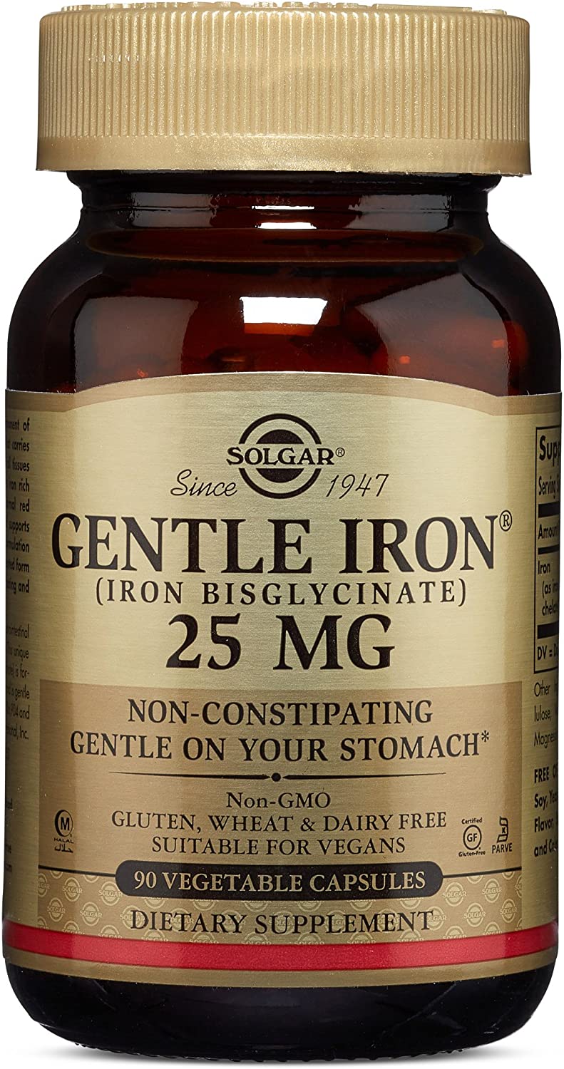 Solgar Gentle Iron (Iron Bisglycinate) 20 mg Vegetable Capsules - Pack of 90, Brown, 90 count (Pack of 1)