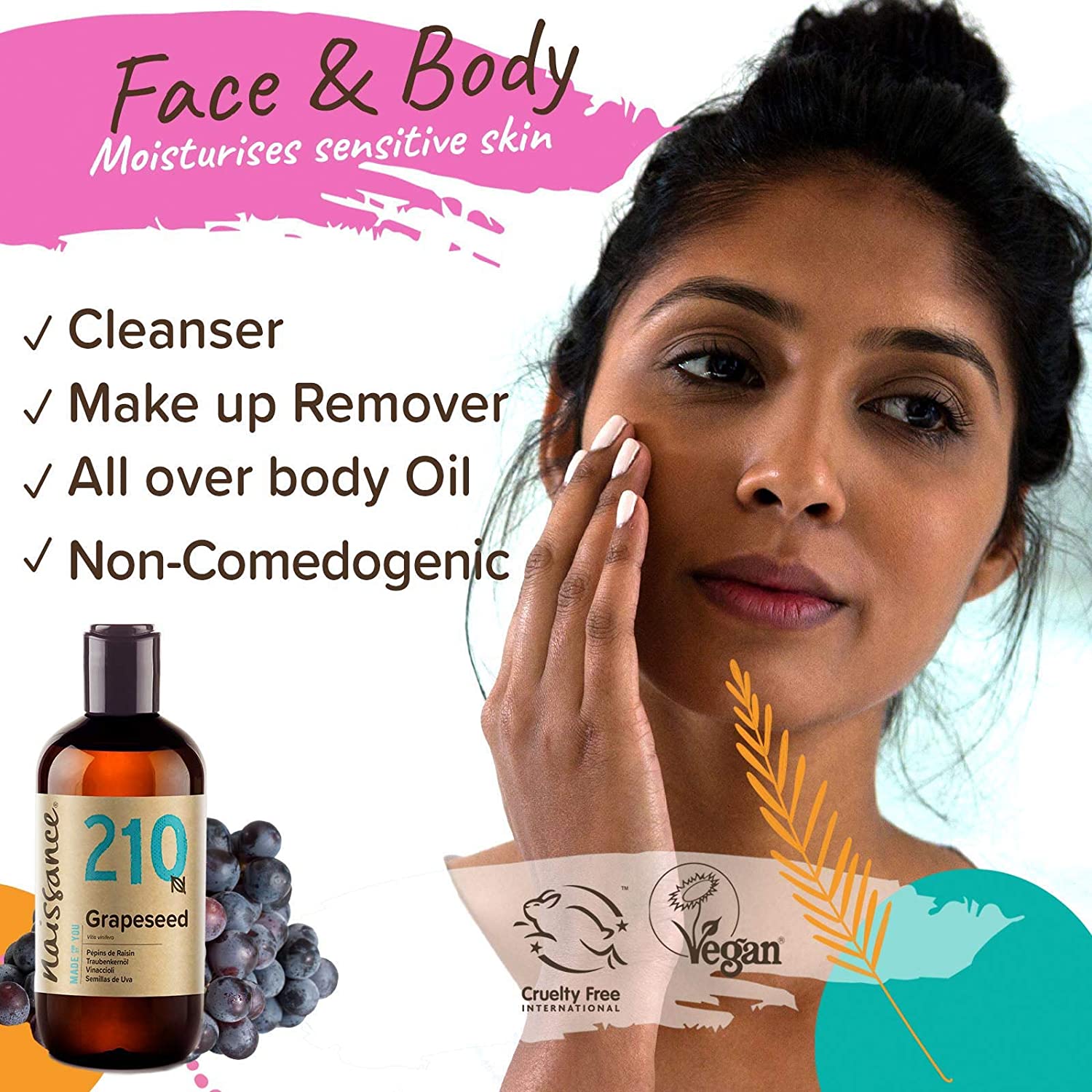 Naissance Grapeseed Oil (No. 210) - 225ml - Natural Moisturiser and Conditioner - for Hair Skin, Massage, Face, Beard and Aromatherapy - Image 3
