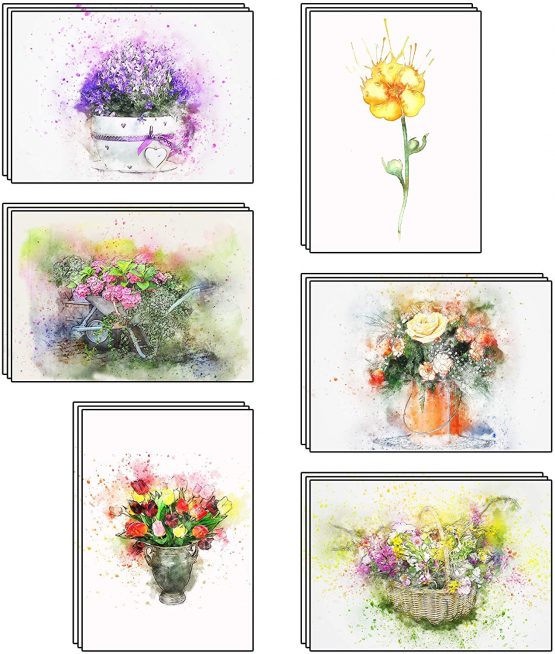 48 Blank Artistic Watercolour Flower Greeting Cards Made from Recycled Card