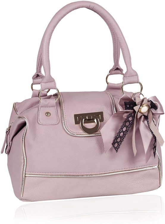 Pink, Gold Details, Faux Leather Handbag For Ladies One Size