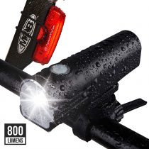 GlareFX Pro800 Bike Lights Set USB Rechargeable - Powerful Bicycle Headlight & LED Tail Light Combo - 800 Lumens Super Bright IPX6 Waterproof MTB Road Commuter Front and Back Cycle Lights