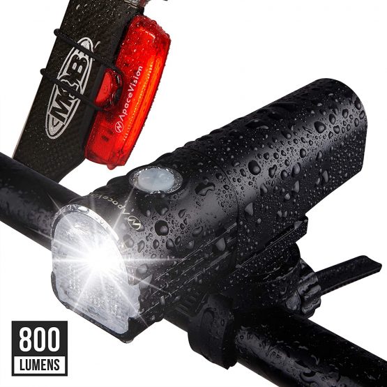 GlareFX Pro800 Bike Lights Set USB Rechargeable - Powerful Bicycle Headlight & LED Tail Light Combo - 800 Lumens Super Bright IPX6 Waterproof MTB Road Commuter Front and Back Cycle Lights