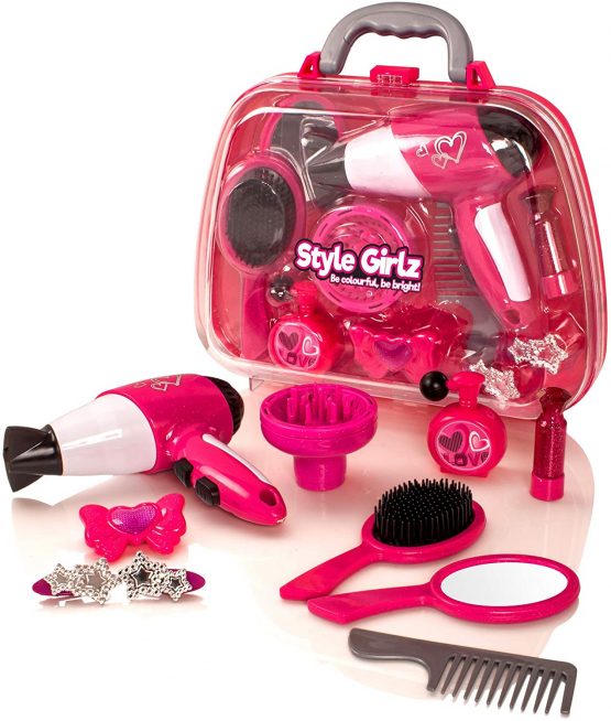 Style Girlz Salon Hair Styling Set with Battery-Operated Hair Dryer and Vanity Case in Gift Box - Pretend Play Toys For Girls Age 3-6
