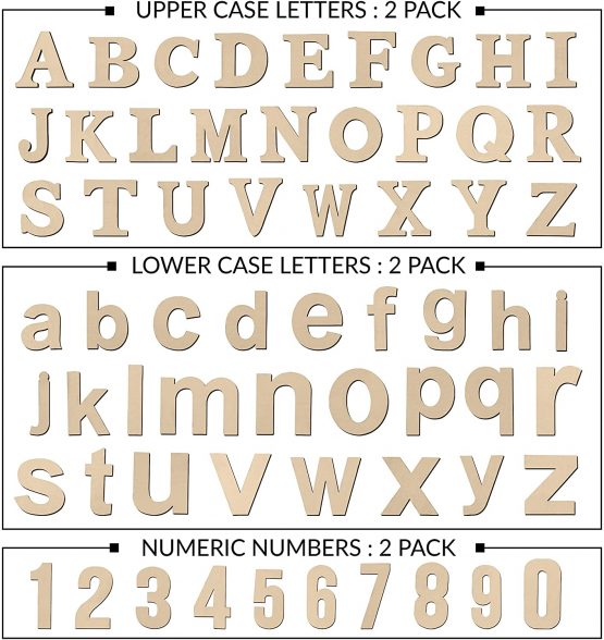 Handi Stitch Unfinished Wooden Letters & Numbers (124 Pieces) - 52 Capital & 52 Lowercase (A-Z) Alphabet Letters - 20 (0-9) Numbers - DIY Wood Pieces for Learning, Decor & Crafts - Image 2
