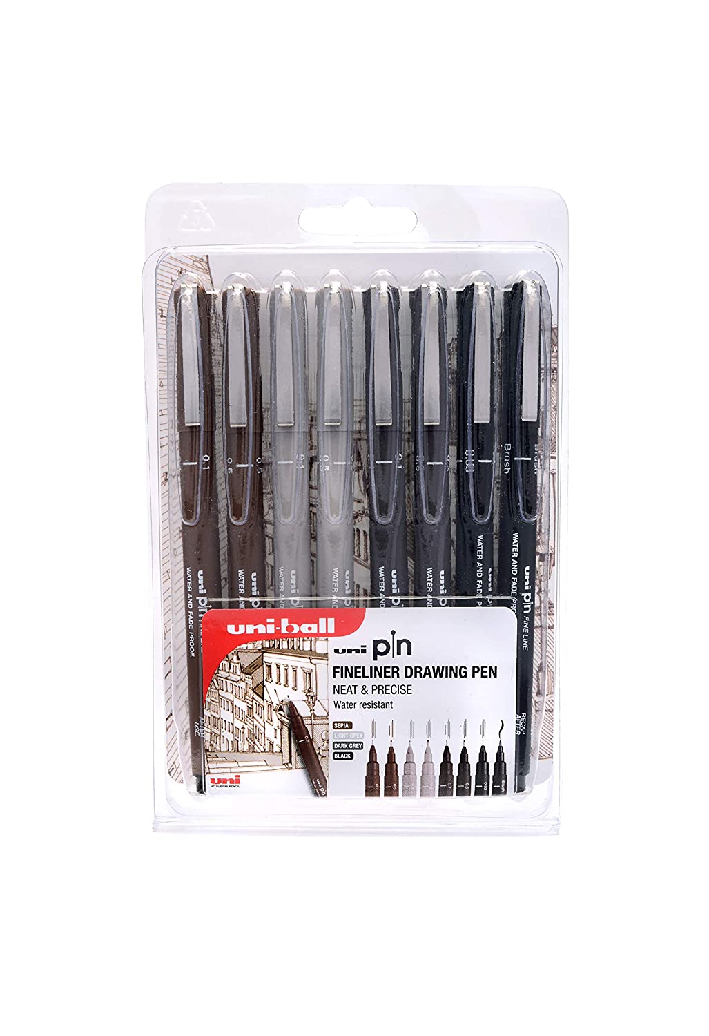 uni-ball Drawing Pen, Sepia, Black, 8, grey, 8 count (Pack of 1)