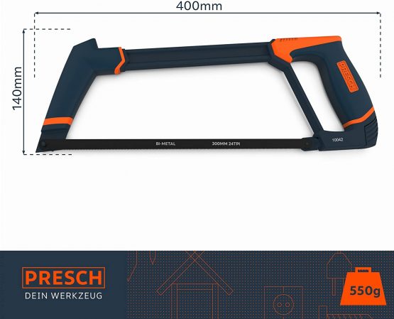 Presch Hacksaw 300mm Long - Metal Saw with Interchangeable Blade - Professional Hacksaw for Metal - Hack Saw, Metal Cutting Saw - Image 2