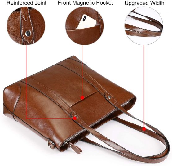 S-ZONE 15.6" Leather Laptop Bag for Women Shoulder Bag Large Work Tote with Padded Compartment - Image 4
