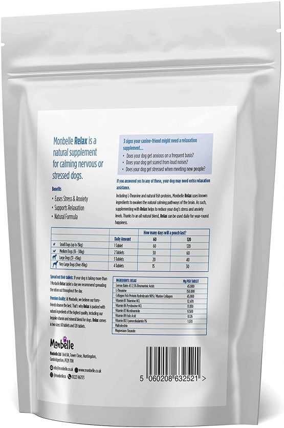 Monbelle Dog Calming Relax Tablet - 60 Tablets Help to Calm Stressed, Fireworks Storms or Nervous Dogs - Canine Behavioral Guide, Anxiety Relief, Peaceful Pup Rescue Remedy Aid - UK Manufactured - Image 2