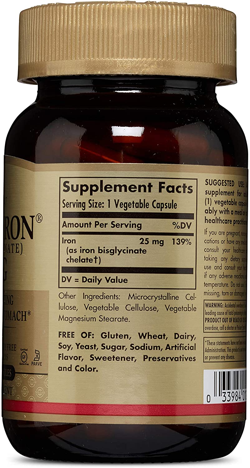 Solgar Gentle Iron (Iron Bisglycinate) 20 mg Vegetable Capsules - Pack of 90, Brown, 90 count (Pack of 1) - Image 2