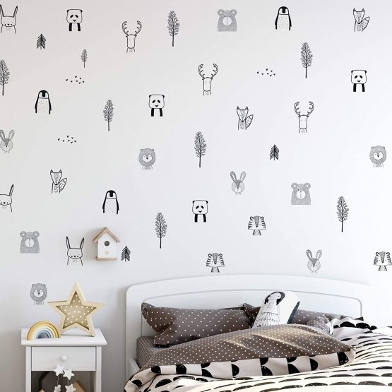 Animal Wall Stickers for Kids Bedrooms, Nursery, Baby Room, Play Room, Kids Room – Stylish Safari, Woodland Animal, Jungle, Tree Wall Stickers for Baby Nursery. Black and White Bedroom Stickers