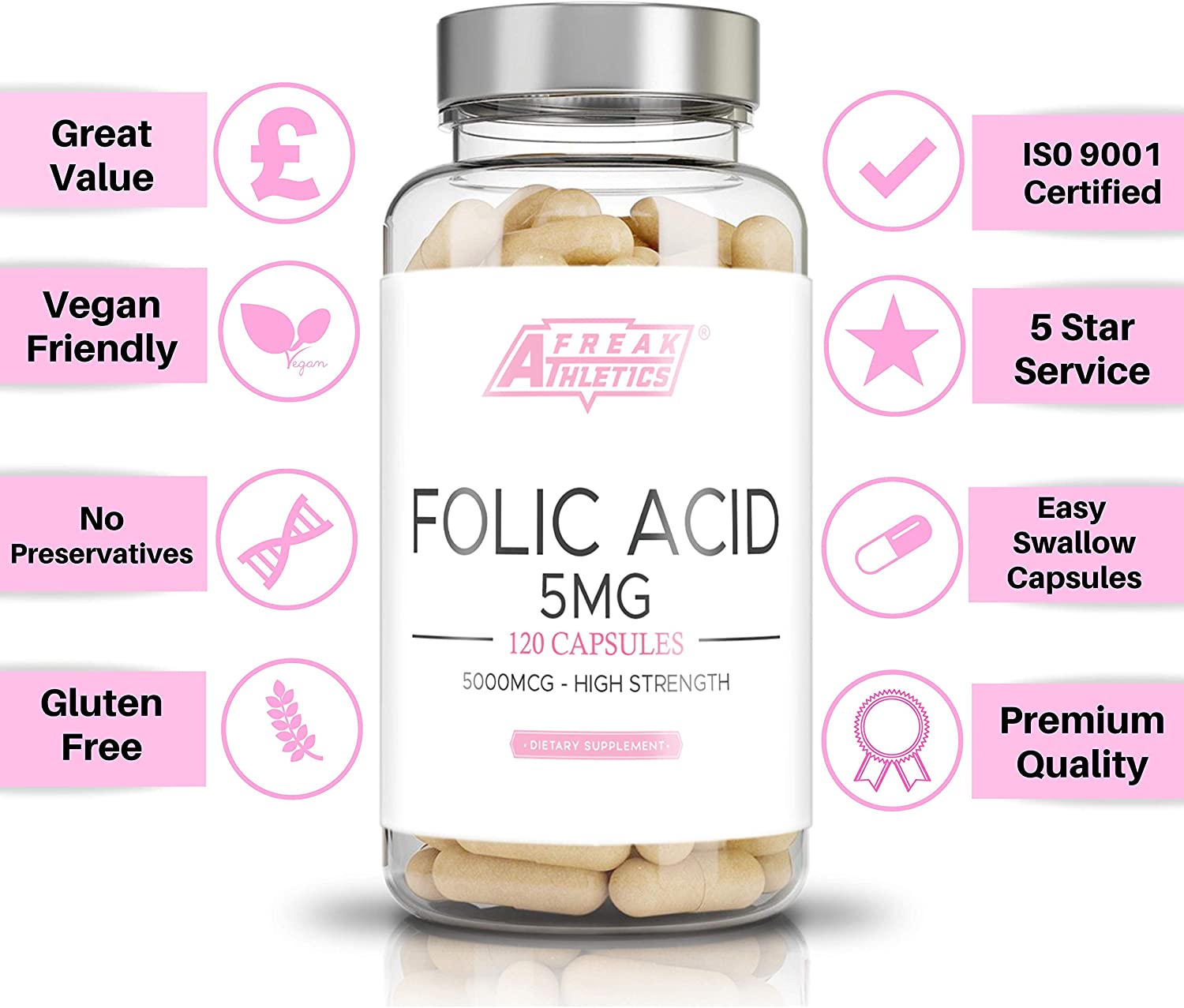 Folic Acid 5mg – 5000mcg (Vitamin B9) | 120 Easy Swallow Capsules ...