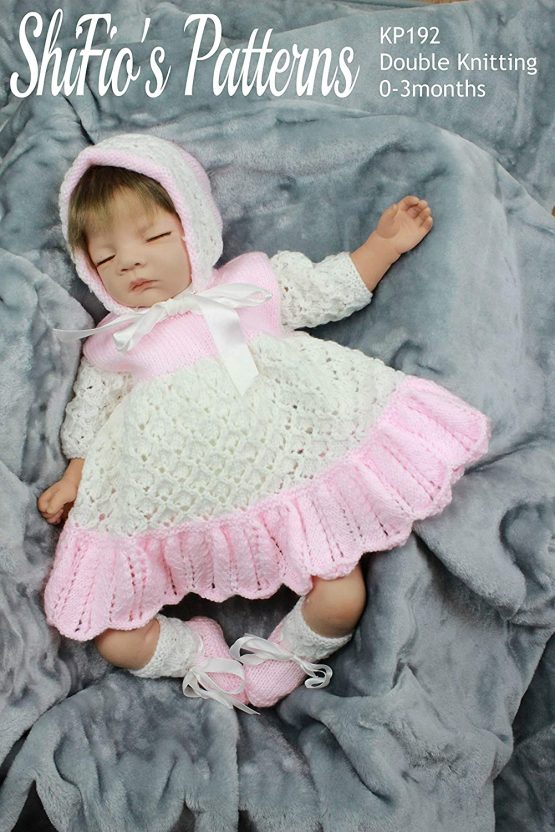 Knitting Pattern for Baby Dress, Bonnet and Matching Bootees, Double Knitting Baby Pattern, Baby Knitting Pattern, 0 to 3 Months, DK, Double Knitting, KP192