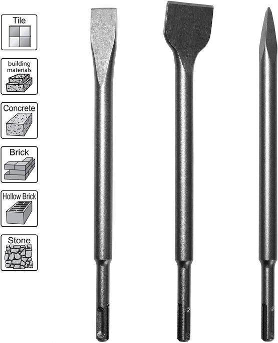 S&R SDS-Plus Chisel Set 3-pcs: Flat Chisel (250 x 20mm) Tile Chisel (14 x 250mm) Pointed Chisel (14 x 250) mm for Universal use
