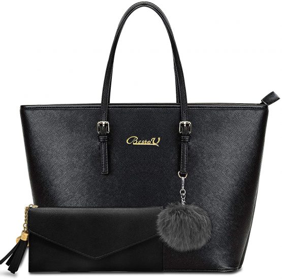 BestoU Handbags for Ladies Black Large Leather Purses for Women Tote Messenger Shoulder Crossbody Bag Set Including a Purse