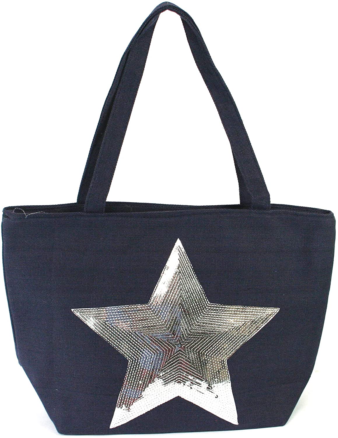 LilyRosa® Womens Navy Blue Grey Canvas Silver Sequin Star Zip Tote Work ...