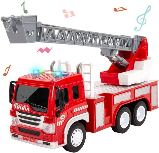 HERSITY Kids Fire Engine Truck Toys Push and Go Cars with Lights and Sounds Emergency Rescue Ladder Truck Educational Toy Gifts for 3 4 5 6 Years Old Boys Girls