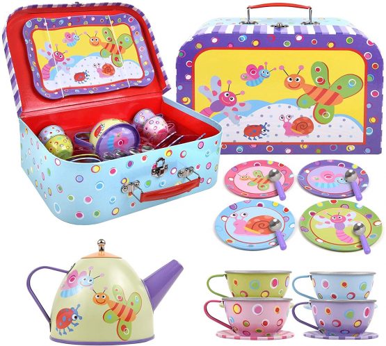 SOKA Little Bugs Metal Tin Teapot Set with Carry Case Toy for Kids - 18 Pcs Illustrated Colourful Design Toy Tea Party Set for Boys and Girls Pretend Role Play - Image 3