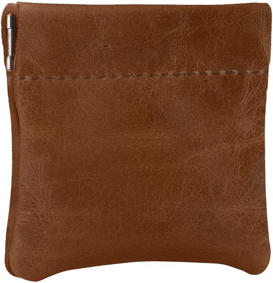 Genuine Leather Squeeze Coin Purse, Made in U.S.A. for Men/Woman Pouch Size 3.5" x 3.5" Change Holder (Distrassed Tan)