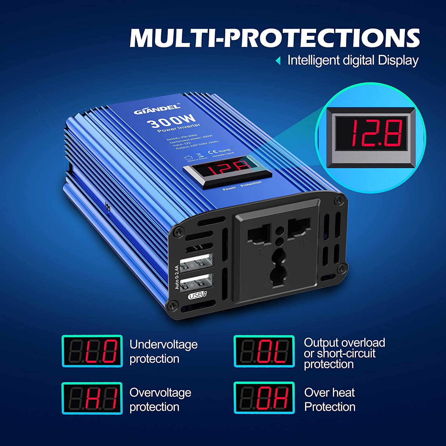 GIANDEL Car Power Inverter 300W Modified Wave DC 12V to 240V 230V AC Car Inverter with 4.8A Dual USB Car Adapter with LED Display - Image 4