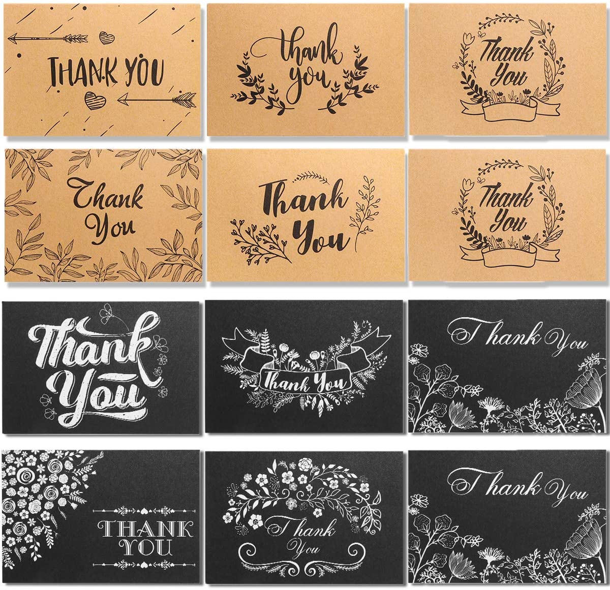 PartyKindom 150 Pack Thank You Cards with Envelopes and Stickers, Brown Envelopes Wedding Thank You Cards Small Business