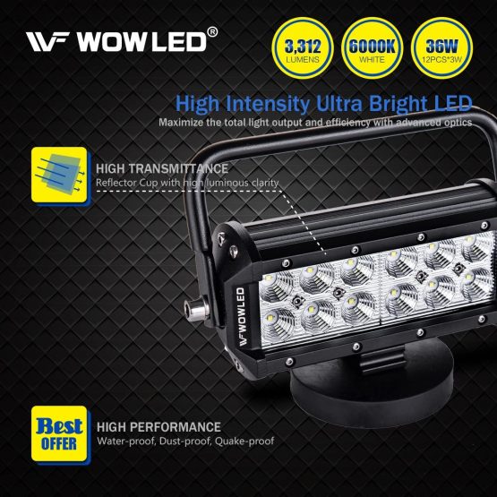 WOWLED Portable 36W Floodlight Magnetic Base LED Light Bar Offroad Driving Work Lamp Bar Flood Beam for Truck Car Boat Bar 4X4 Light Lamp 12V 24V Fog Light Bar - Image 2
