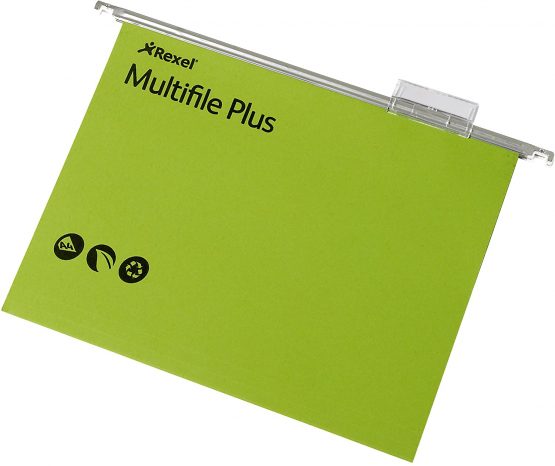 Rexel A4 Suspension Files with Tabs and Inserts for Filing Cabinets, 15 mm V-base, 100 Percent Recycled Manilla, Green, Multifile Plus, Pack of 20, 92809