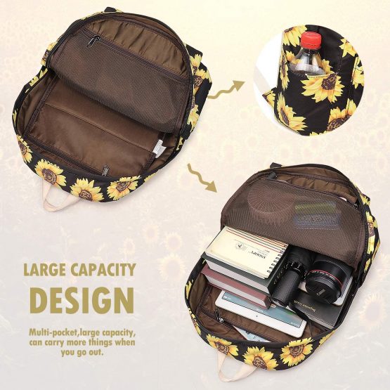Sunflower Backpack Set 3-in-1 Kids School Bag, Junlion Laptop Backpack Lunch Bag Pencil Case Gift for Teen Girls Womens Black - Image 2