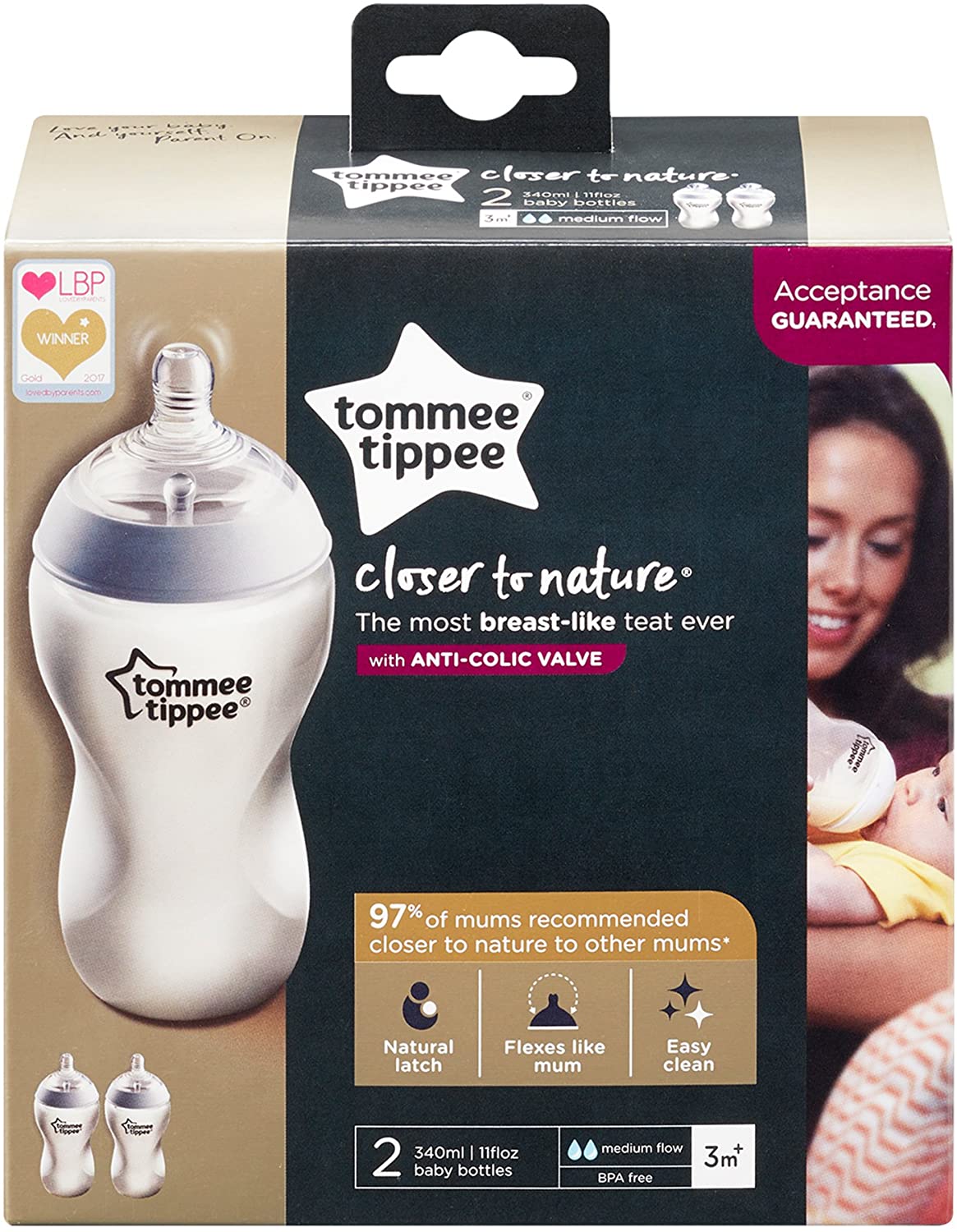 Tommee Tippee Closer to Nature Baby Bottles, Medium Flow Breast-Like Teat with Anti-Colic Valve, 340ml, Pack of 2, Clear - Image 2