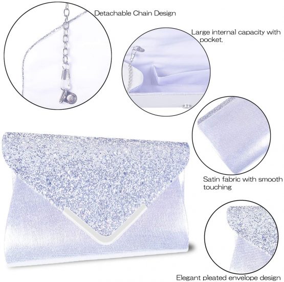 Larcenciel Women Clutch Bag Elegant Sequins Evening Clutch Purse Chain Shoulder Bags Sparkly Silver Evening Bridal Prom Party Handbag Purse - Image 3