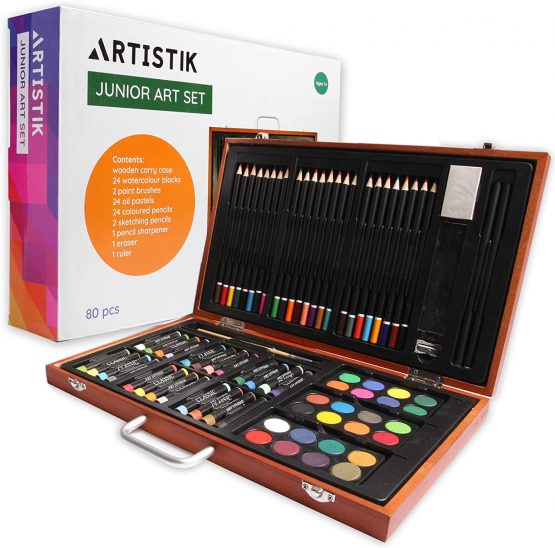 Artistik Wooden Art Set - (80 Piece) Deluxe Art Creativity Set and Professional Art Set Box for Colouring Beginners, Great Gift For Artists, Adults Teens, and Children