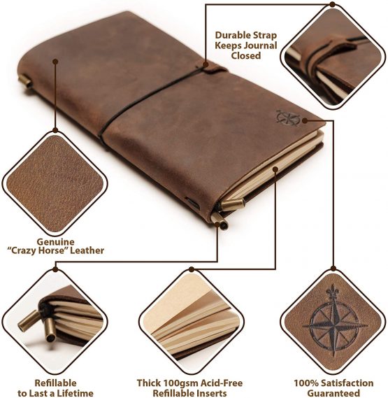 A5 Leather Travelers Notebook - Wanderings A5 Refillable Travel Journal, Hand-Crafted Genuine Leather - Perfect for Writing, Poets, Travelers, as a Diary - Blank Inserts - 22 x 15cm, 8.5x6" (A5) - Image 2