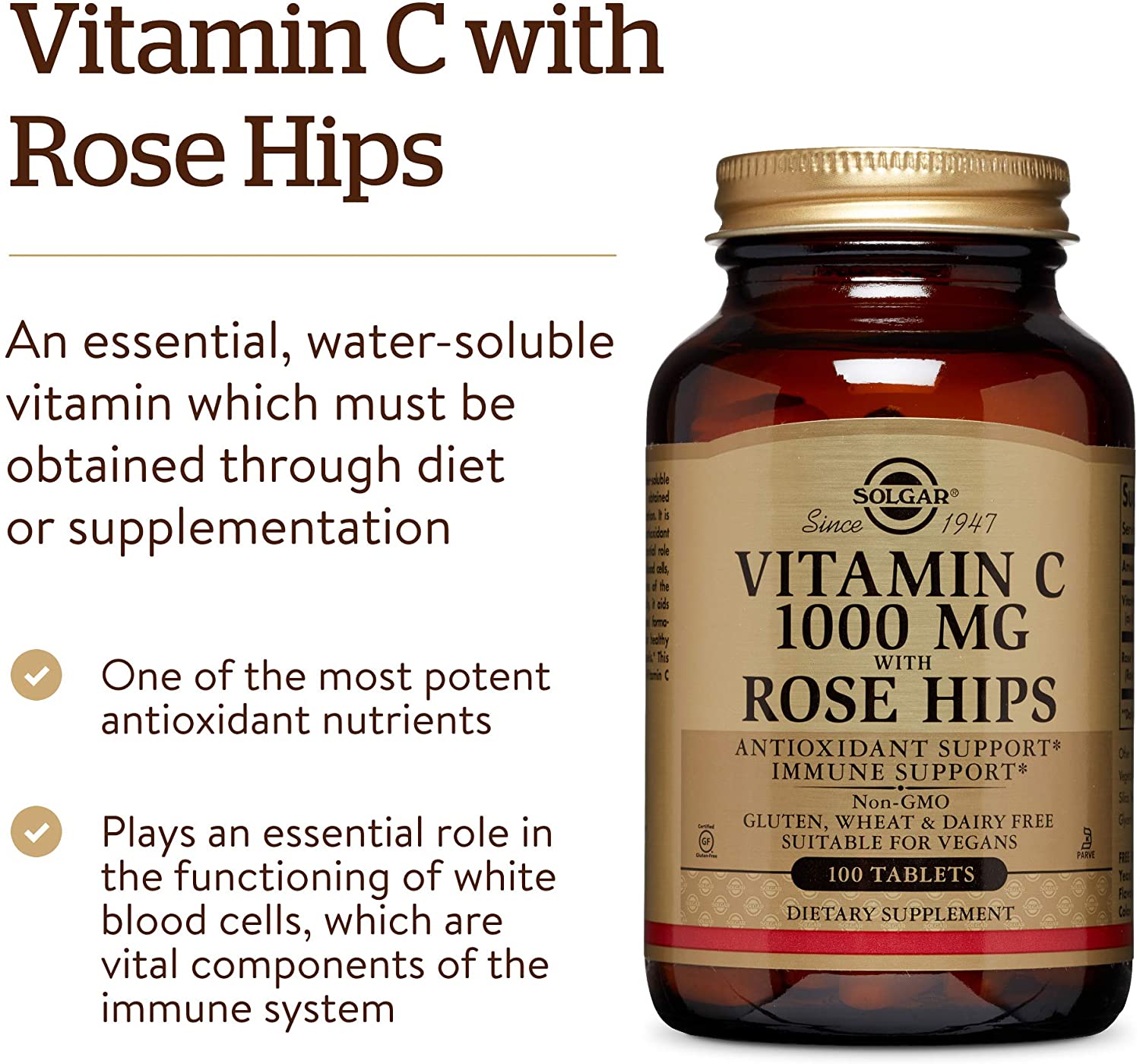 Solgar Vitamin C 1000 mg with Rose Hips Tablets, Pack of 100, Immune System Support, for Tiredness and Fatigue - Image 3