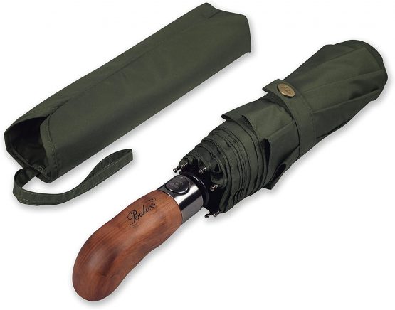Balios® Prestige Travel Umbrella, Real Wood Handle, Auto Open & Close, Vented Windproof Double Canopy, Designed in UK (Bright Orange with Real Wood Handle)
