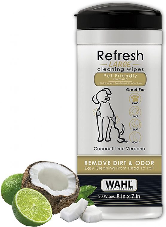 Wahl Dog Wipes Refresh Cleaning Wet Wipes, Remove Pets At Home Dirt and Odors, pH Balanced, Alcohol Free and Paraben Free, 50 Wipes,Coconut Lime Verbena Scent