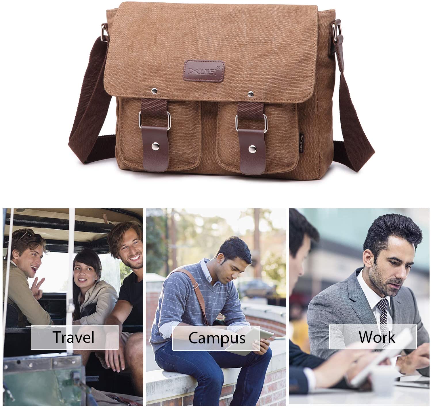 FANDARE Vintage Crossbody Bag Unisex Canvas Messenger Bag 7.9 inch Tablet Satchel Bag Travel Shoulder Bag Working Bag Bookbag Briefcase for Men and Women Brown - Image 3