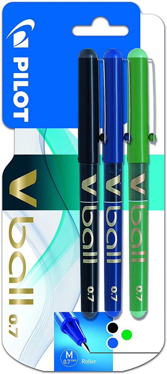 Pilot V Ball 07 Liquid Ink Rollerball Pens 0.7mm Tip Black/Blue/Green Ink Blistercard 3 Pens, 3131910540878UK