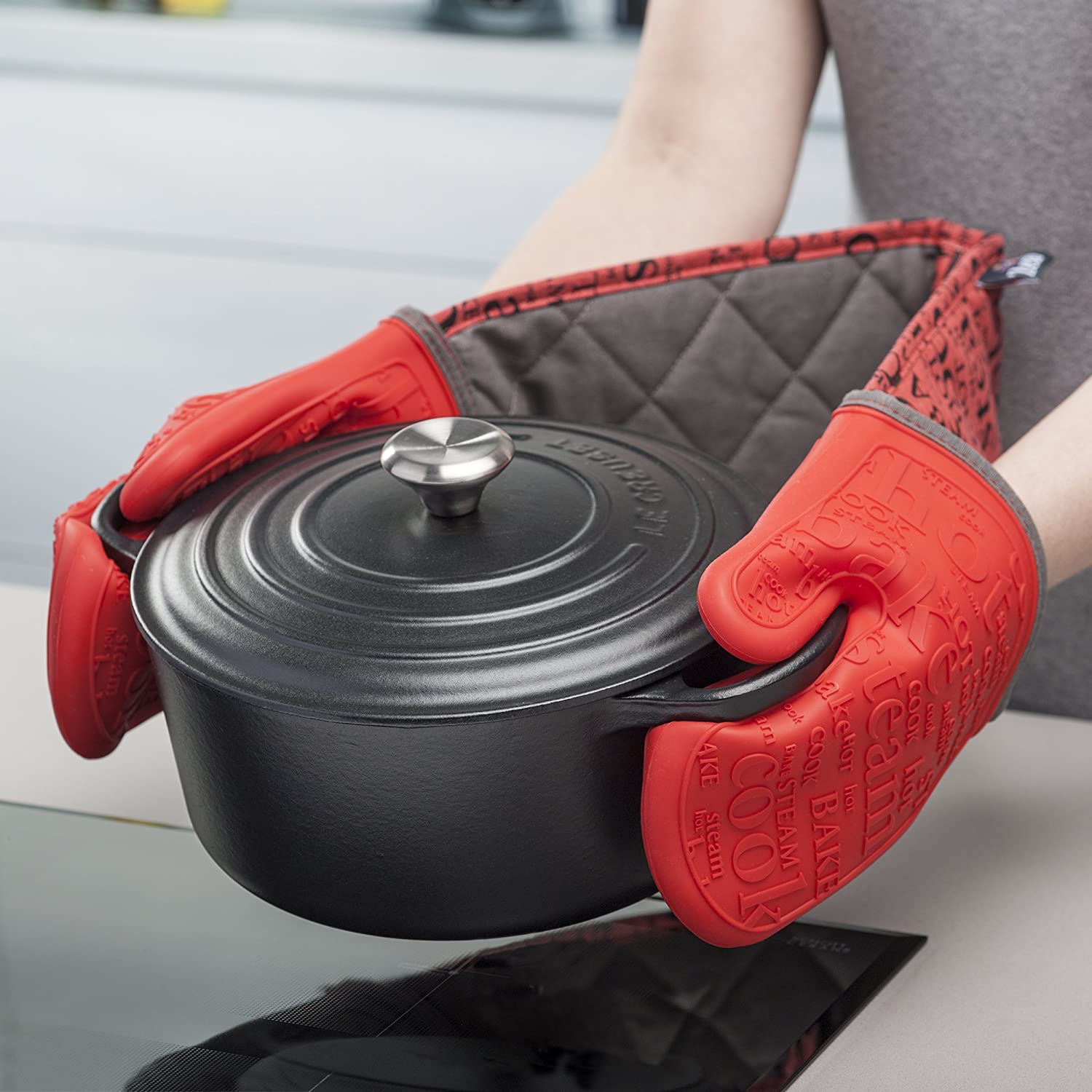 Zeal Silicone Heavy Duty Double Oven Gloves Mitts Red (94 cm Long) Script BigaMart