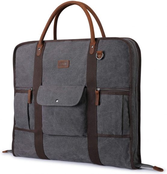 S-ZONE Canvas Genuine Leather Trim Men Suit Cover Business Trips & Storage(Grey) (Black)