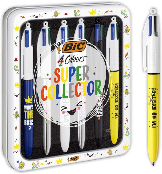 BIC 4 Colors Messages Medium Point Pens (1.0mm) - Various Messages, Metallic Box with 6 Units