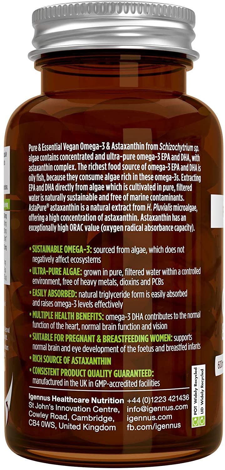 Igennus Vegan DHA & EPA Omega 3 1344mg Algae Oil & Astaxanthin Antioxidant, Lab Tested Pure & Sustainable, 60 Small Softgels - Image 4