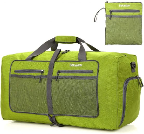 Bekahizar 60L Foldable Duffle Bag Large Lightweight Packable Travel Weekend Duffel with Shoe Compartment and Shoulder Strap for Luggage, Gym, Sport, Camping, Storage, Shopping (Dark Green)
