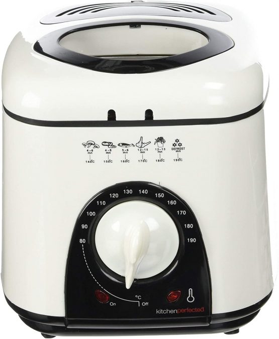 KitchenPerfected 1.0Ltr Compact Deep Fryer / Non-Stick / Thermostat Control / Frying Basket With Removable Handle / Non-Slip Feet / Detachable Lid / Viewing Window - Ivory White - E6010WI