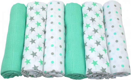 MuslinZ 6pk Baby Muslin Squares Burp Cloths 100% Pure Soft Cotton 70x70cm Mint Star