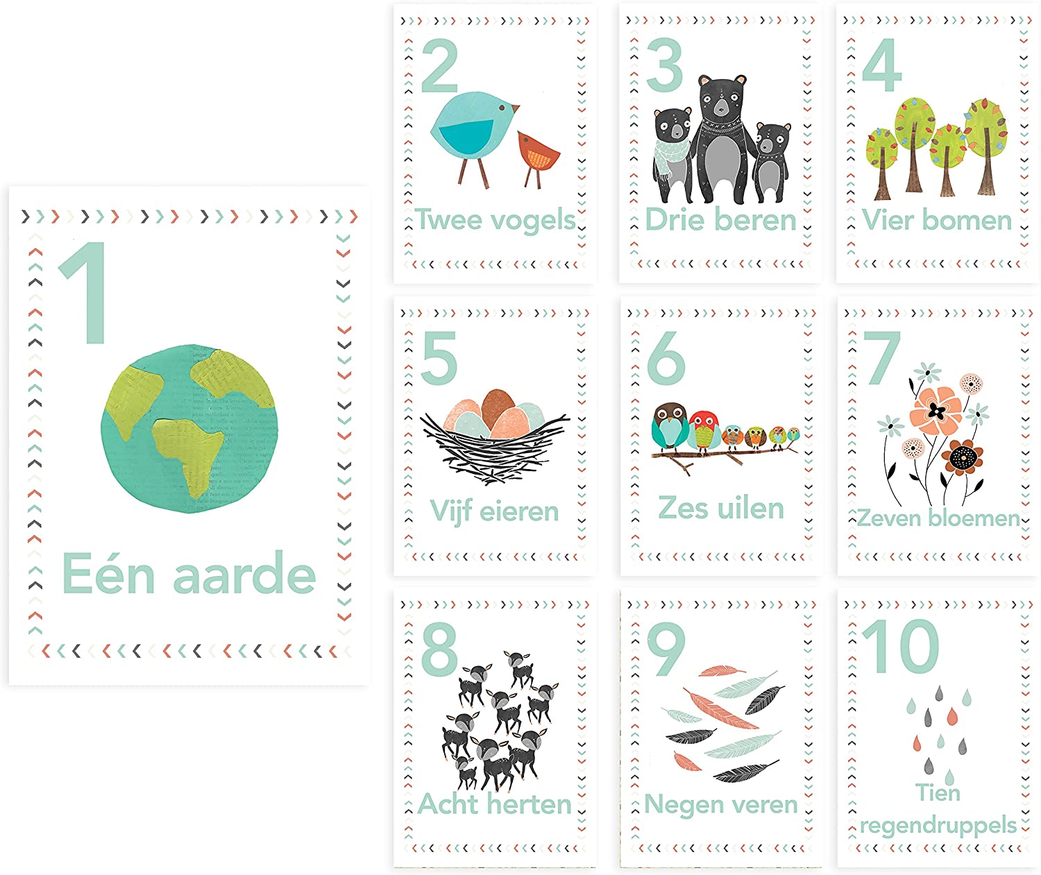 Children Inspire Design Woodland Number Counting Wall Cards in Dutch, Set of Ten 5x7 Wall Art Prints