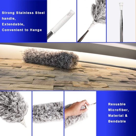 Extendable Microfiber with Extra Long 100 inches Telescopic Pole, Feather Duster with Bendable Head, Hand Duster for Cleaning High Ceiling Fans, Blinds, Cobweb, Cars - Image 2