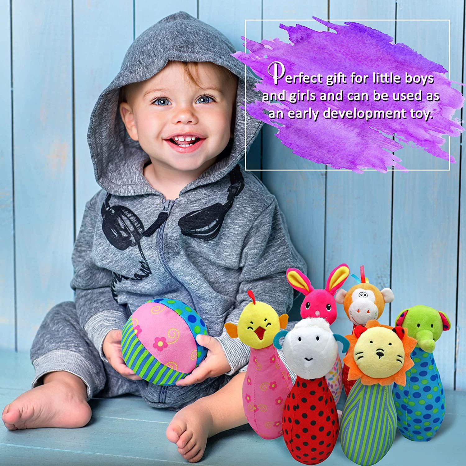 THE TWIDDLERS - 7 Pcs Baby Skittles Bowling Set including Rattles - Soft Plush Sensory Learning Toys for Babies & Toddlers - Image 4