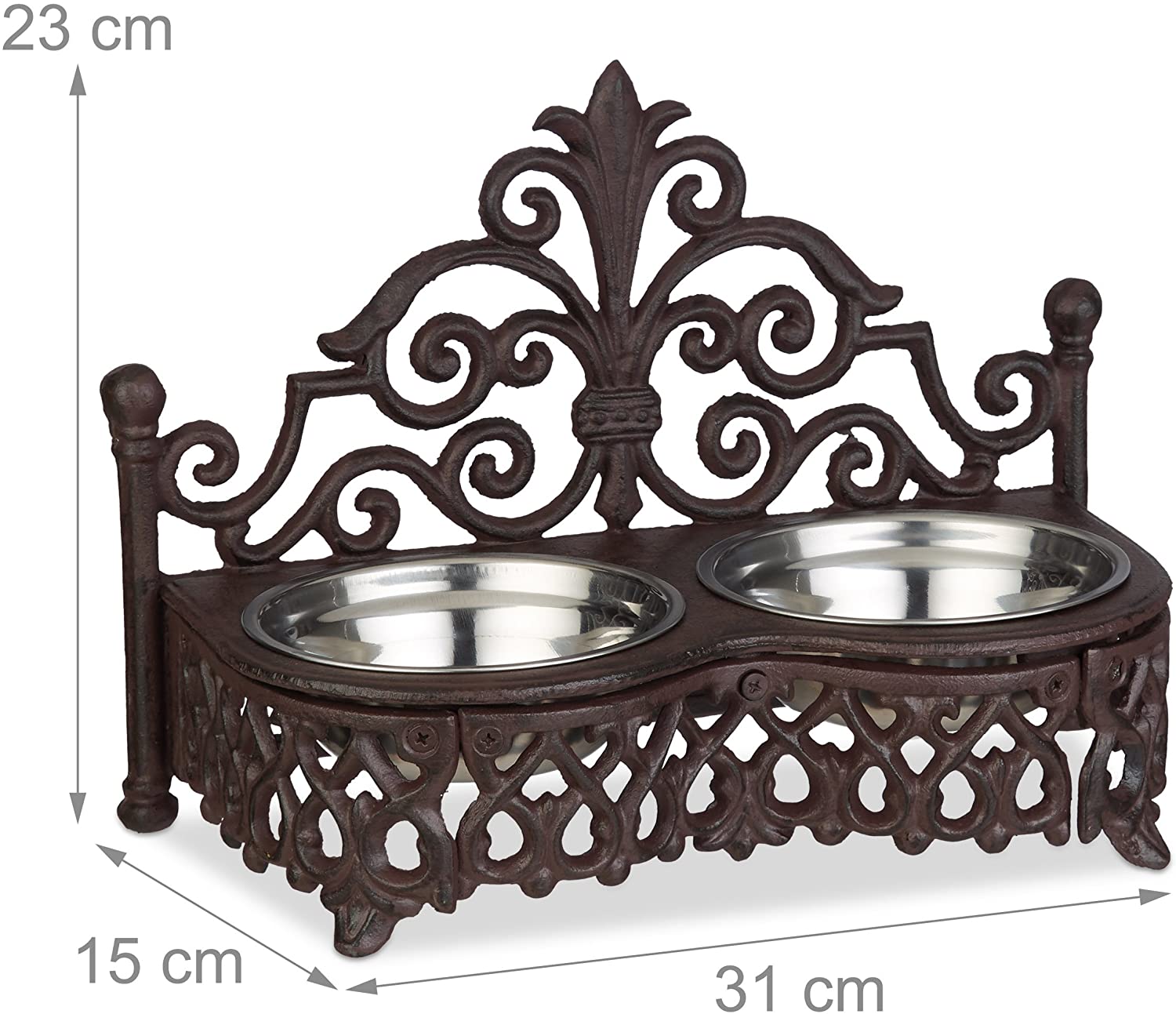 Relaxdays Dog Feeding Station, Antique, Double Removable Style Steel Bowls, Cast Iron, Brown, 23 x 31 x 15 cm - Image 2